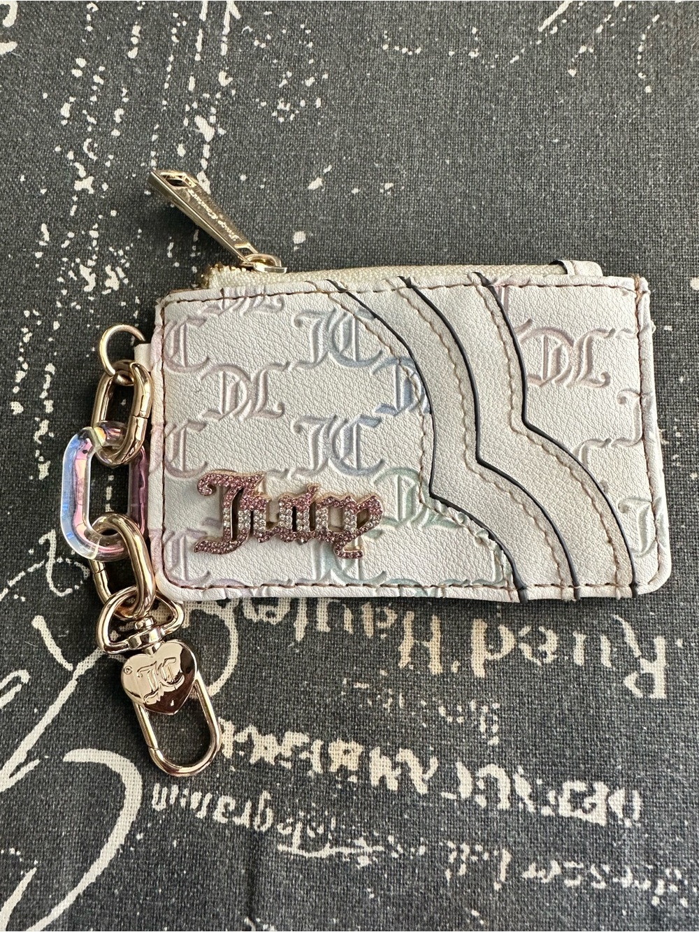 Juicy White and Gold Zipper Card Case Keychain Wallet
